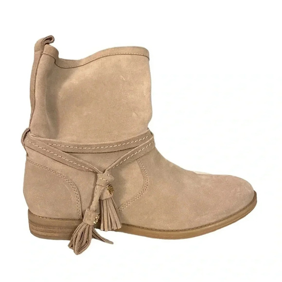 TOMMY HILFIGER | Amberlee Suede Leather Fringe Tassels Tan Booties Size 6.5M - Picture 2 of 9